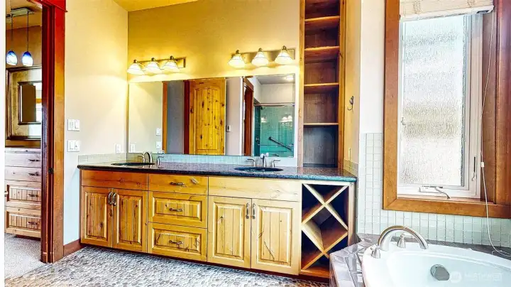 The on suite has double sinks.