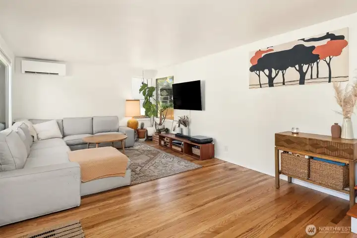 Spacious living room that gets lots of great natural light from the tall, south-facing windows