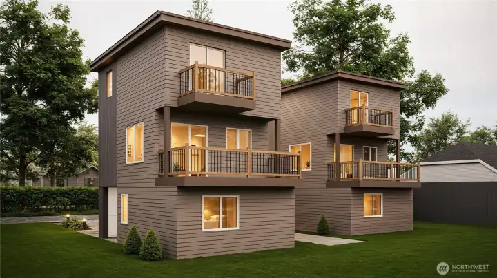 Rendering of the rear side showing both DADUs. Unit B is on the right.