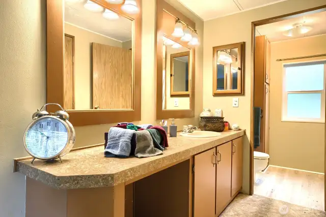 Primary ensuite offers vanity with make up station , medicine cabinet and double lighted mirrors. HUGE walk in closet for all her and his clothes etc.