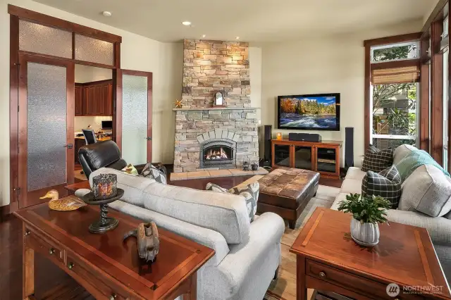 Great room with lake view office tucked behind.