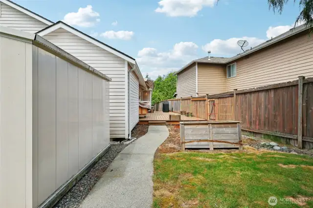 Shed and backyard looking towards deck