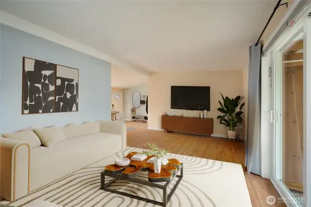 Bright living room with fresh flooring and plenty of space to relax or entertain. (Virtually staged)