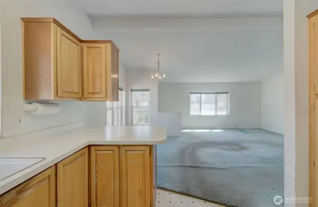 Kitchen looking towards dining area and living room.