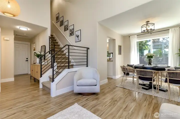 Living room to dining room or entry to hallway half bath to family room and kitchen Living room to dining room or entry to hallway half bath to family room and kitchen