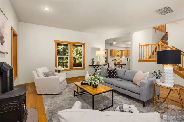 The circular floor plan is convenient as the living room sits just off the dining area.