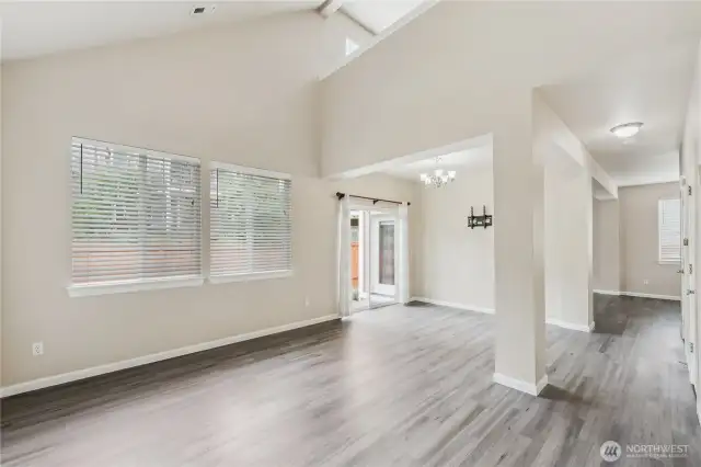 Vaulted ceilings and solid surface floors.