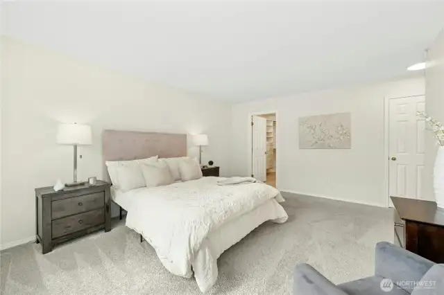 Another view of the Primary bedroom with a peek towards a spacious walk-in closet. The bathroom is just to the right of the closet...