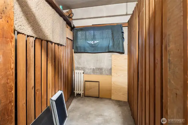 An example of a storage unit to give a sense of size. Every home gets a storage space, but they're not assigned by unit number; there's an auction process based on seniority each time someone sells, so your exact storage space number is TBD.