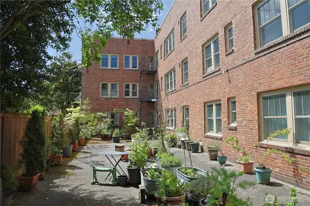 The private and secure back patio--#111 spans the full length of the south side of the building from west (street-facing living room) to east (patio-facing bedrooms).