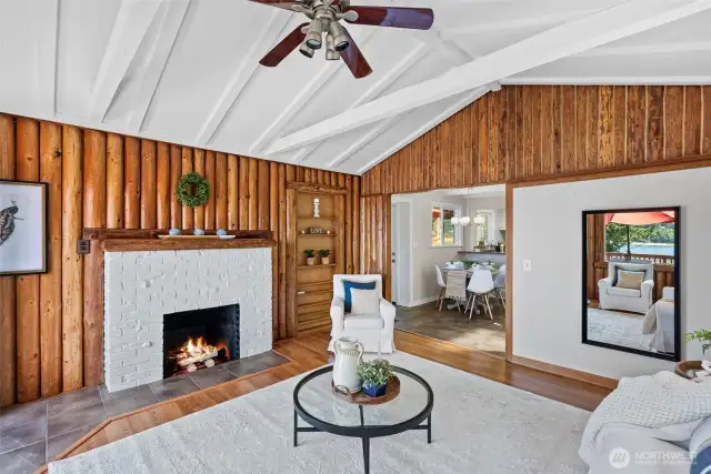 Wood burning fireplace on upper level.