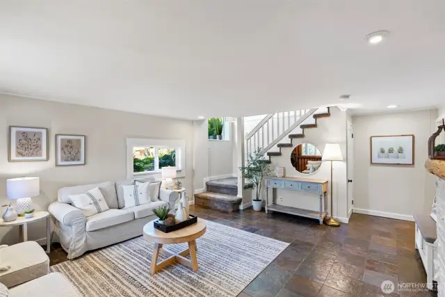 The lower level from the entry looking into the stair. Great casual gathering spot.