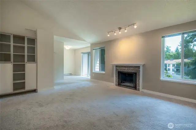 Living room with wood-burning fireplace, vaulted ceiling, custom bookshelf, and sliding doors onto south-facing balcony.
