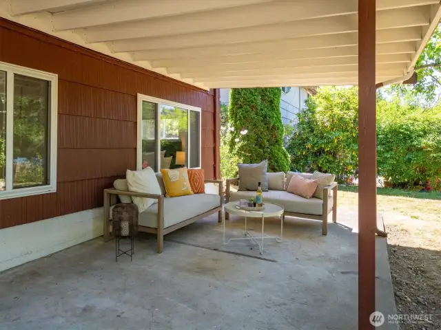 The fully covered patio is located just off the basement bonus room.