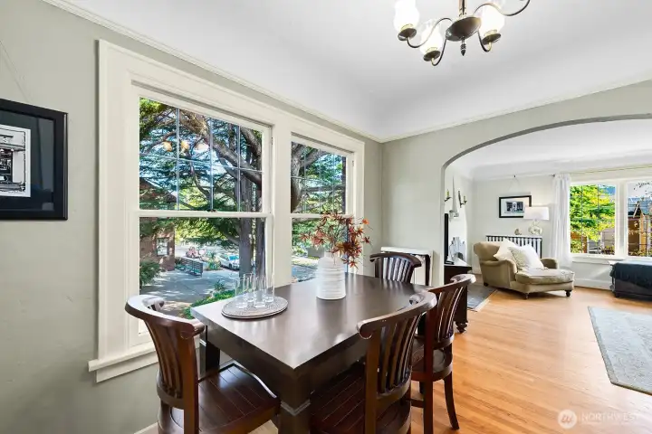 The dining room has large windows.