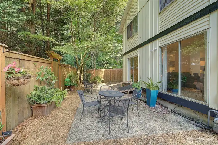 Fully fenced rear yard with patio