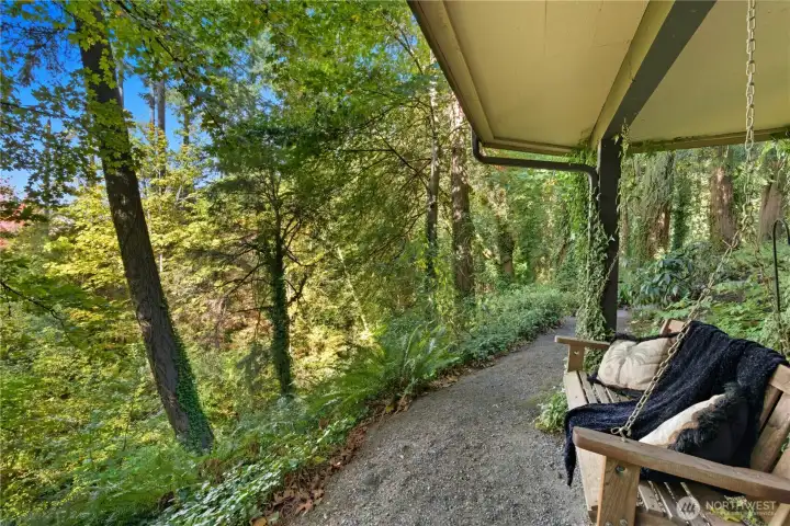 Perfect swing under the eaves high above the creek below.  A very special spot to relax and unwind.