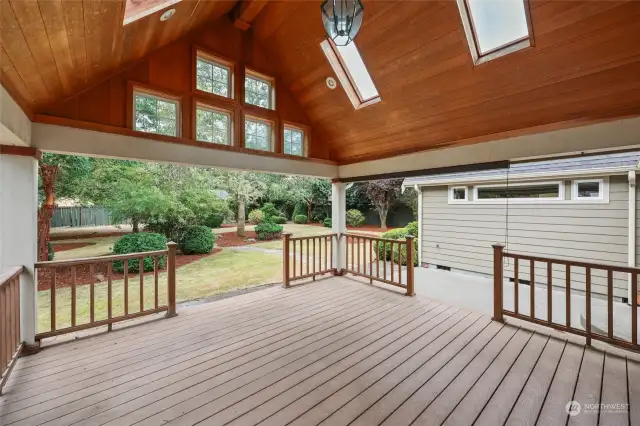 Spacious covered composite deck with skylights