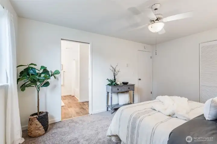 The primary bedroom connects to the bathroom for extra convenience.