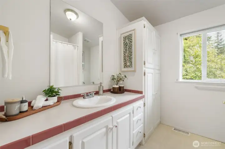 Guest bathroom boasts extra storage