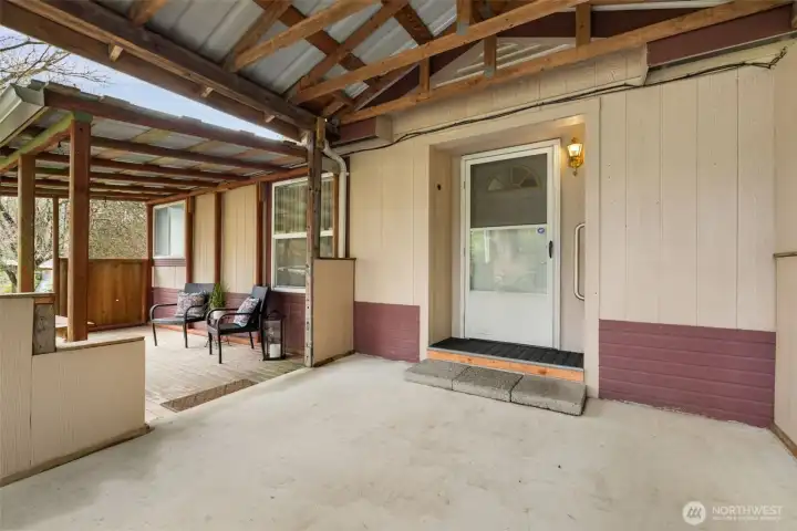 Covered front entry and sitting area