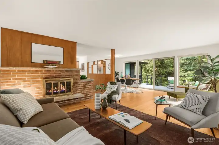 A gorgeous, spacious living room, with views to the private back yard.