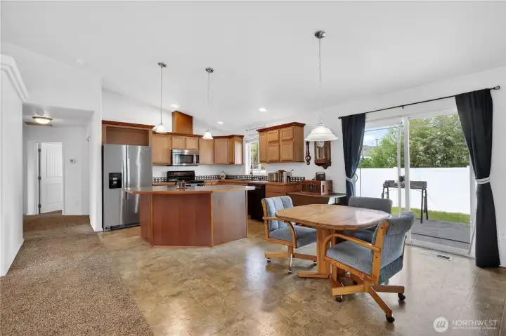 Kitchen open to eating area and living room
