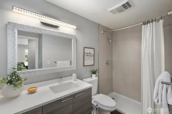 Oversized shower and plenty of counterspace. Oversized shower and plenty of counterspace.