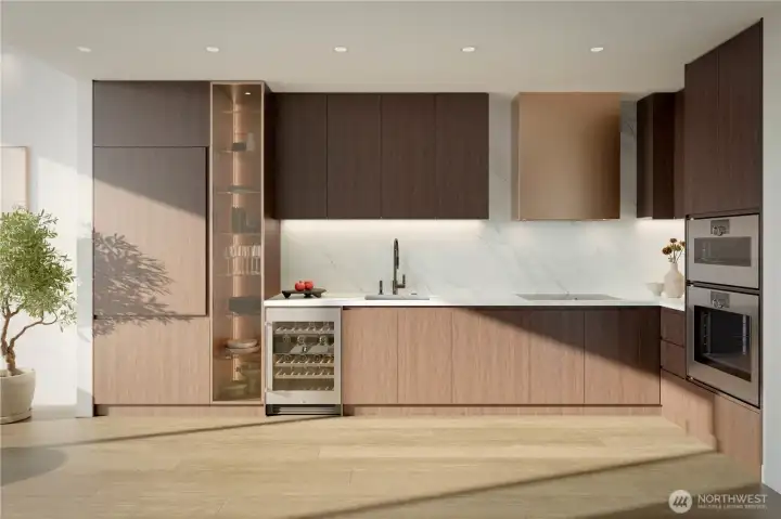 One-bedroom kitchen in the Earth Palette, Gagganeu appliances, polished dark chrome Dornbracht plumbing fixtures, and polished quartz countertops and backsplash.