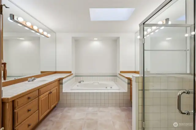 dual sinks, walk in shower