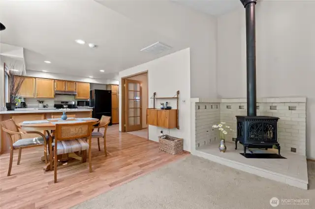 Kitchen open to family room w/cozy gas stove