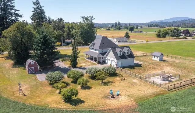 Drone showing orchard and spacious fenced in yard