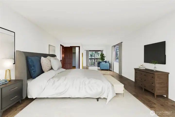 Primary bedroom after remodel simulation.