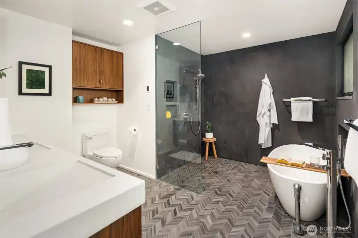 Spa inspired bath with heated floors