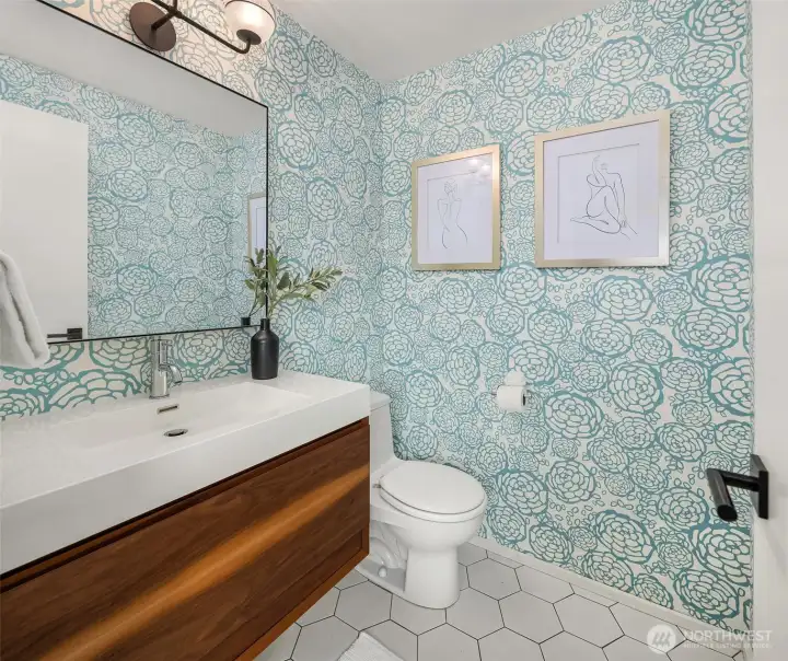 Whimsical powder room with custom vanity