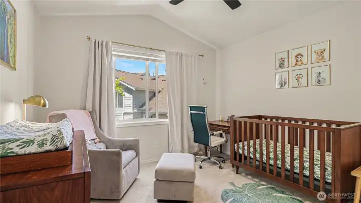 2nd bedroom on upper level is also vaulted with ceiling fan