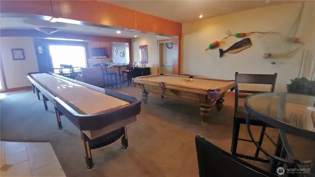 Common area rec room with pool table and regulation size shuffleboard table