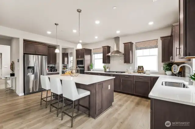 Huge kitchen with stainless steel appliances, quartz counters, and gas cooking. Photo is representational. Actual home is under construction and finishes will vary. See site agent for details.