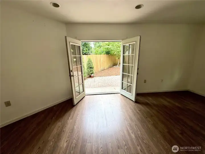 family room opens to a private yard