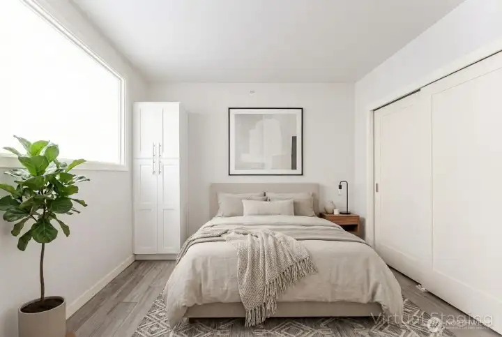 Built-in storage and California-style closets enhance the functionality and organization of the space. (virtually staged)