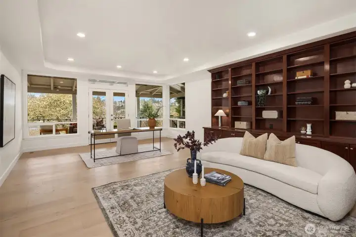 A showstopping library creates the perfect setting for a refined home office, second living space, or quiet escape.