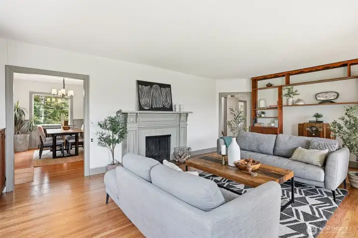 The wood-burning fireplace makes the living room extra cozy.