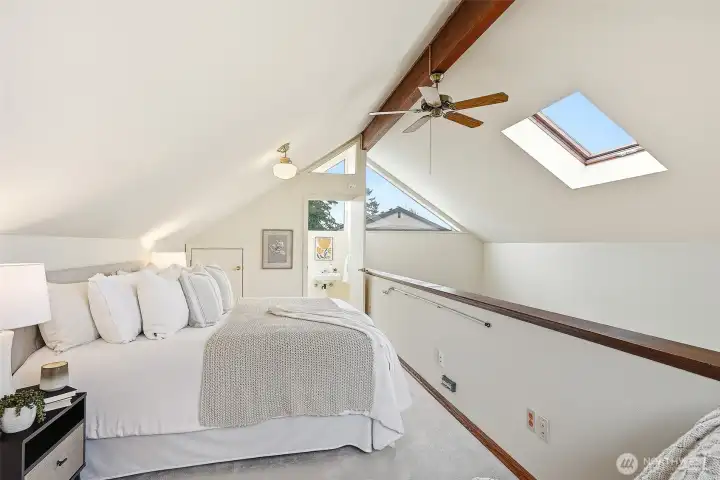 Lofted bedroom in DADU + attached 1/2 bath.