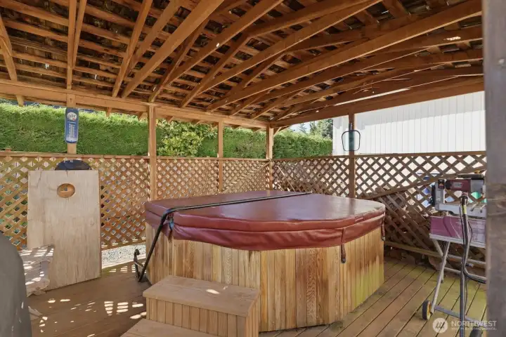 Gazebo with hot tub just off the patio.