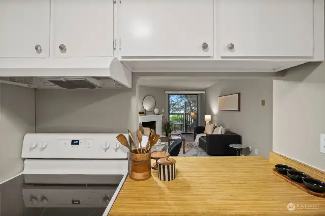 View from kitchen into open living space.