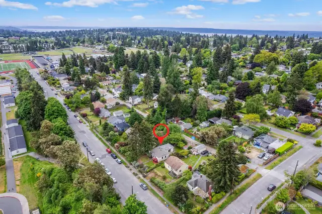 This drone shot shows proximity to the water in the far southwest background. Lincoln Park, with its beach and old growth forest is only 7 minutes away.