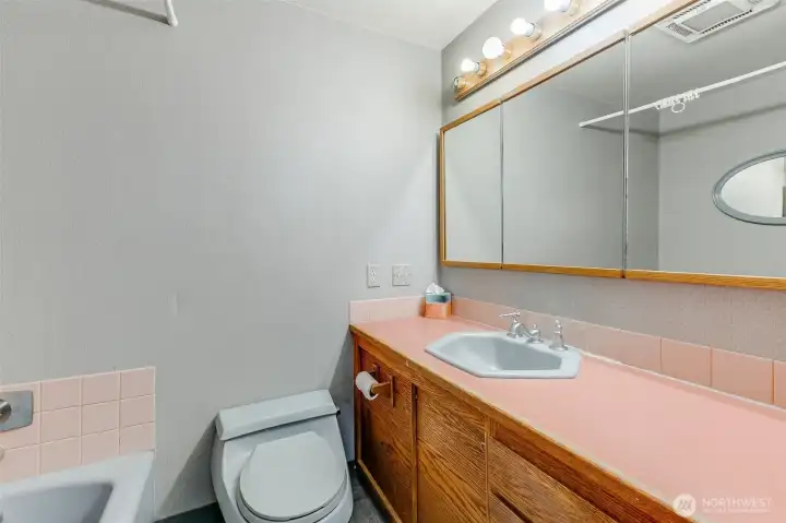 Primary bath has original features making it fun and trendy. Large medicine cabinet with mirrors