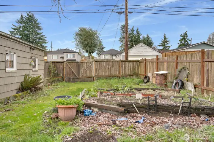 A fenced yard with space for a garden or expansion.