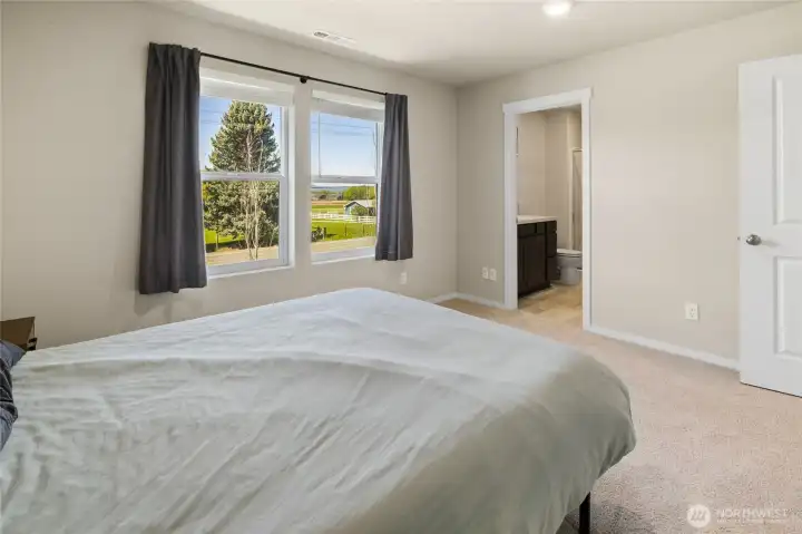 The primary bedroom with ensuite allows for blue and evening sky views.