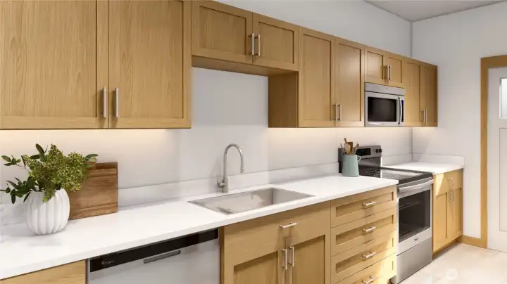Kitchen.  This is an artists rendering and does not accurately depict interior finishes.